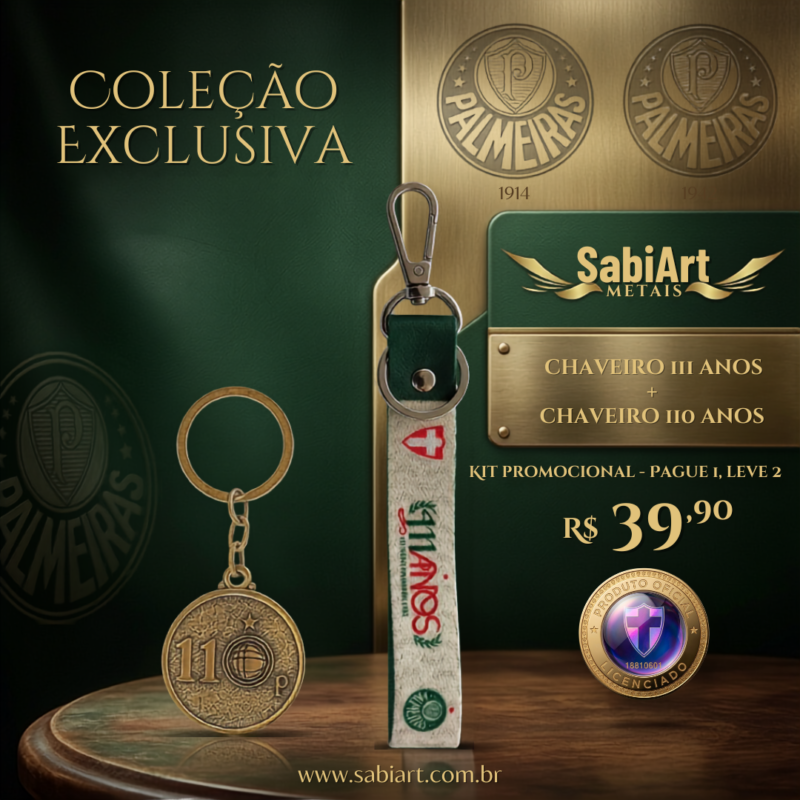 Chaveiro Palmeiras 111 Anos + 110 Anos Combo Oficial Licenciado Sabiart